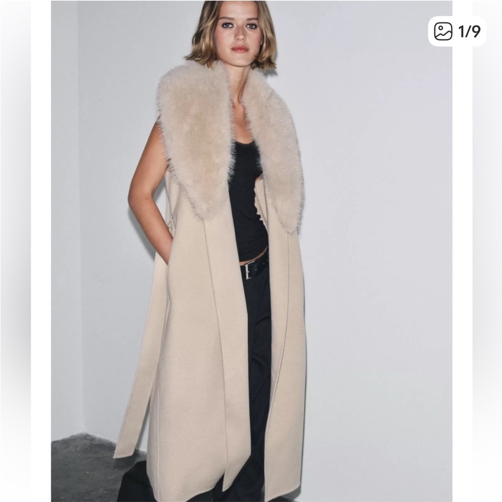 Zara Beige Long Vest with Faux Fur Trim